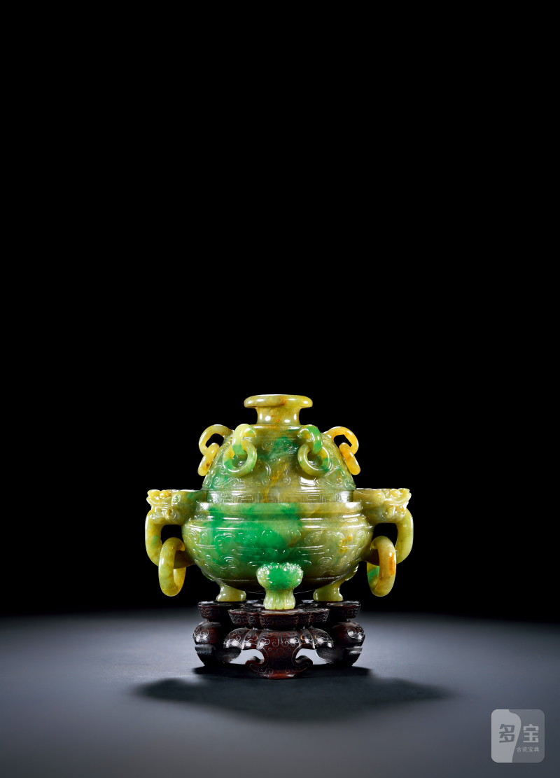 清 翡翠饕餮纹双狮耳活环三兽足香炉 - 图1
